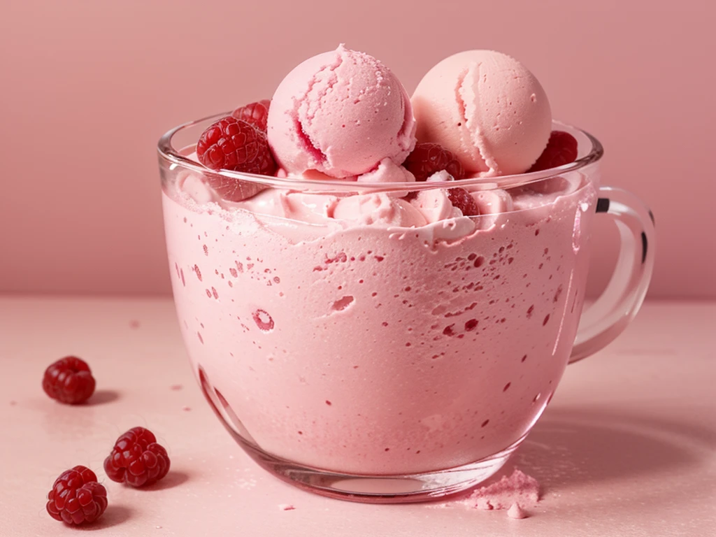 fresh raspberry style ice cream，pink background，in glass cup，some raspberrys on the ice cream