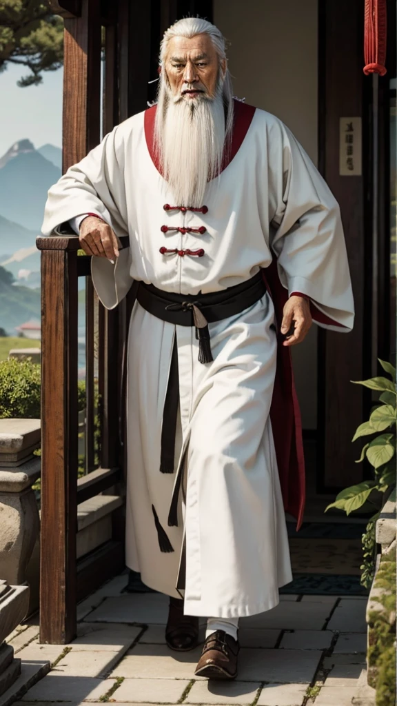 Oriental、((Walk over))、((The hem hides your legs))、Old man in plain white ancient Chinese costume、Ancient Chinese hairstyle old man、Highest quality、masterpiece、Ultra-high resolution、(Realistic:1.4)、Game Poster、Crisp and beautiful image quality、Gray Hair、white and long beard,,