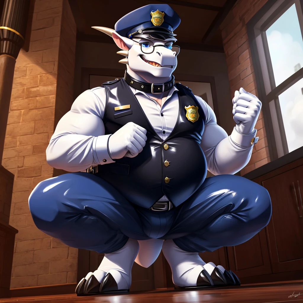 Old Caucasian police officer, round chubby face, no jawline, grey hair, male, fat, chubby, short hair, wearing dirty socks, only wearing socks, leaking cum, cum everywhere, smelly socks, sweaty, stench coming from socks, sitting on couch, feet propped up on table, stinky socks, grey pubes, furry ears, hung cock, hat