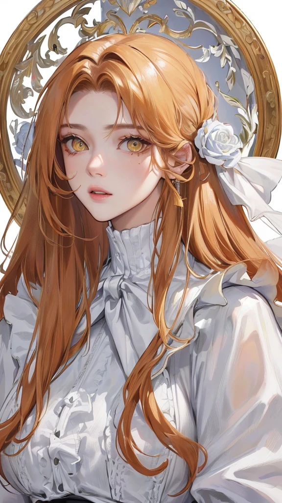 (Top resolution、Distinct_image)top-quality、femele、masterpiece、highly detailed、Semi-realistic、yellow eyes、18year old、young、cool clothing、Exquisite facial features、Facial features、unique hairstyle, variations, potrait, white background, ginger hair , long straight hairstyles, white elegant blouse, wear a brown coat on top