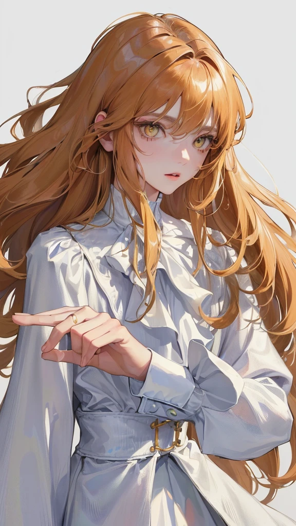 (Top resolution、Distinct_image)top-quality、femele、​masterpiece、highly detailed、Semi-realistic、yellow  eyes、18year old、young、cool clothing、Exquisite facial features、Facial features、unique hairstyle, variations, potrait, white background,   ginger hair , long straight hairstyles, white elegant blouse, wear a brown coat on top