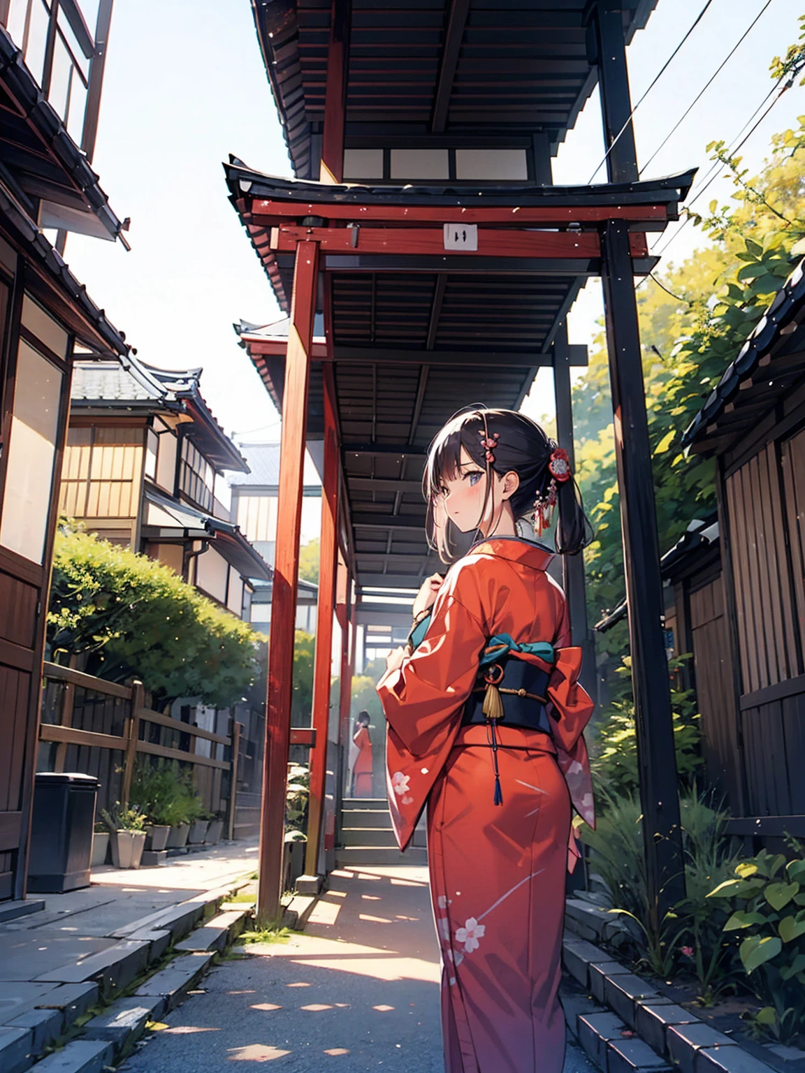 nape, Woman in kimono, Scenery of Kyoto townhouses, Wooden labyrinth