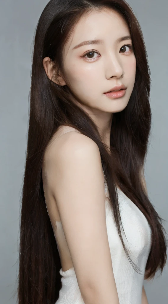 (lifelike, high resolution: 1.3) 1 Korean girl with a slender body, Yoo Na Kim, fine face and eyes, long straight hair, full lips, long eyelashes, in South Korea, kpop