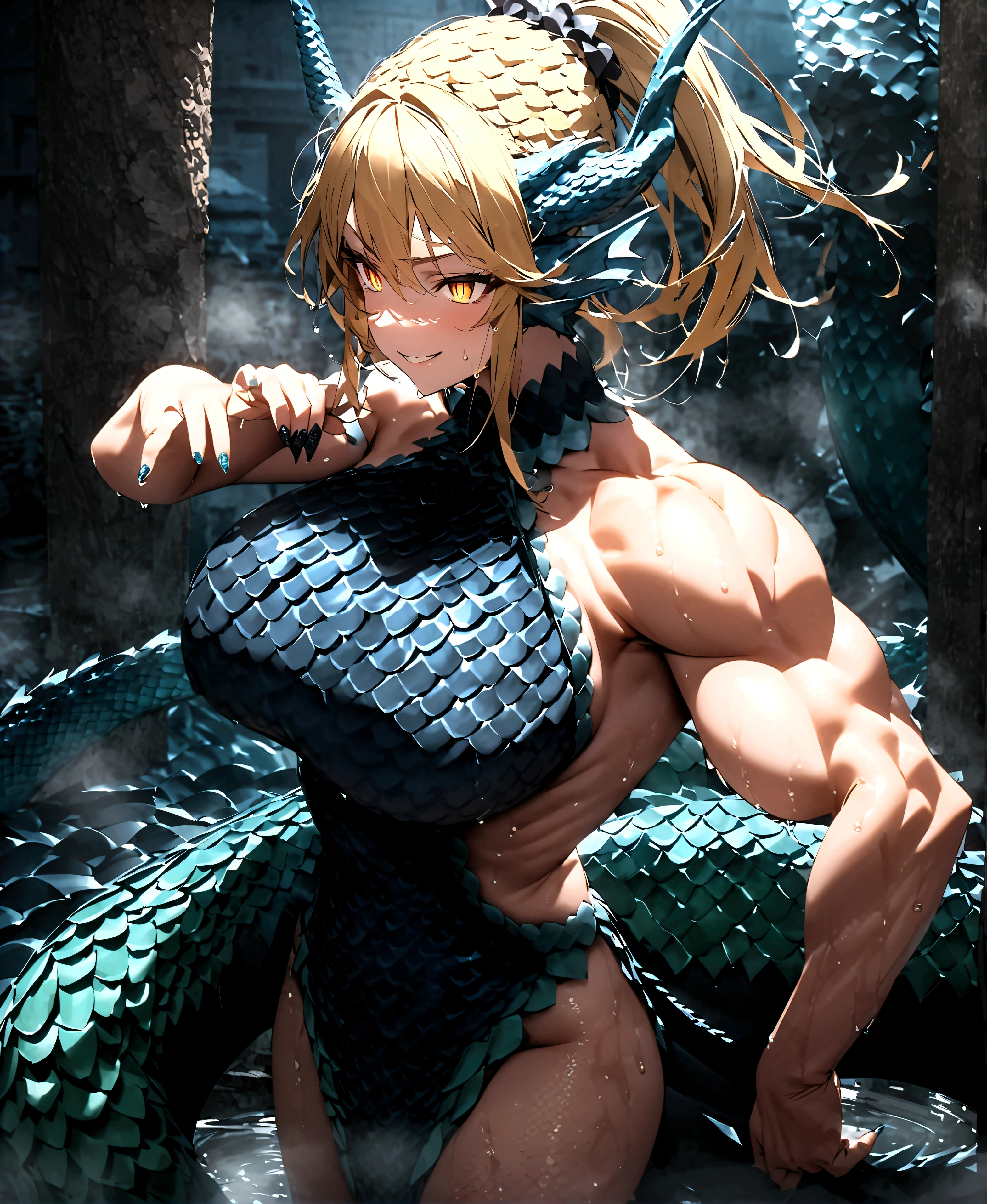 score_9、score_8_up、score_7_up、score_6_up、rating_explicit、BREAK、High definition、Perfect Face、Renovation、Green Eyes、Blonde、ponytail、short hair、((elongated pupils))、indoor、bath、city、devil's lair、Underground Prison、dark、Marble pillar、hot spring、Grin、Eyes Shining、Three white eyes、Devilish smile、sweating、Wet、Big Breasts、Are standing、部分的にwater没、Abdominal muscles、Muscular、((Dragon Girl、ドラゴンのnail、nail、Dragon's Tail))、((((scale、黒いscale))))、Dragon Horn、Cowboy Shot、部分的にwater没、water、bathing