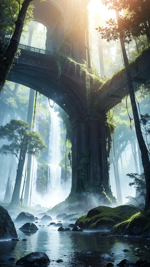 high res, ultra detailed, (no human:1.3), BREAK , Create an image using a rainbow prism effect, with light refracting and creating ethereal cinematic appearance. BREAK , Design an image with a cinematic lens , capturing a wide field of view with a distinctive, curved perspective. BREAK , Capture a dense forest path, with aged thick trees, rocks, streams, waterfall,trees with colorful flowers,dappled sunlight, and a sense of tranquility and natural beauty. BREAK , Illustrate a ethereal world, using only ethereal shades of nature to convey depth, emotion, and a striking visual impact