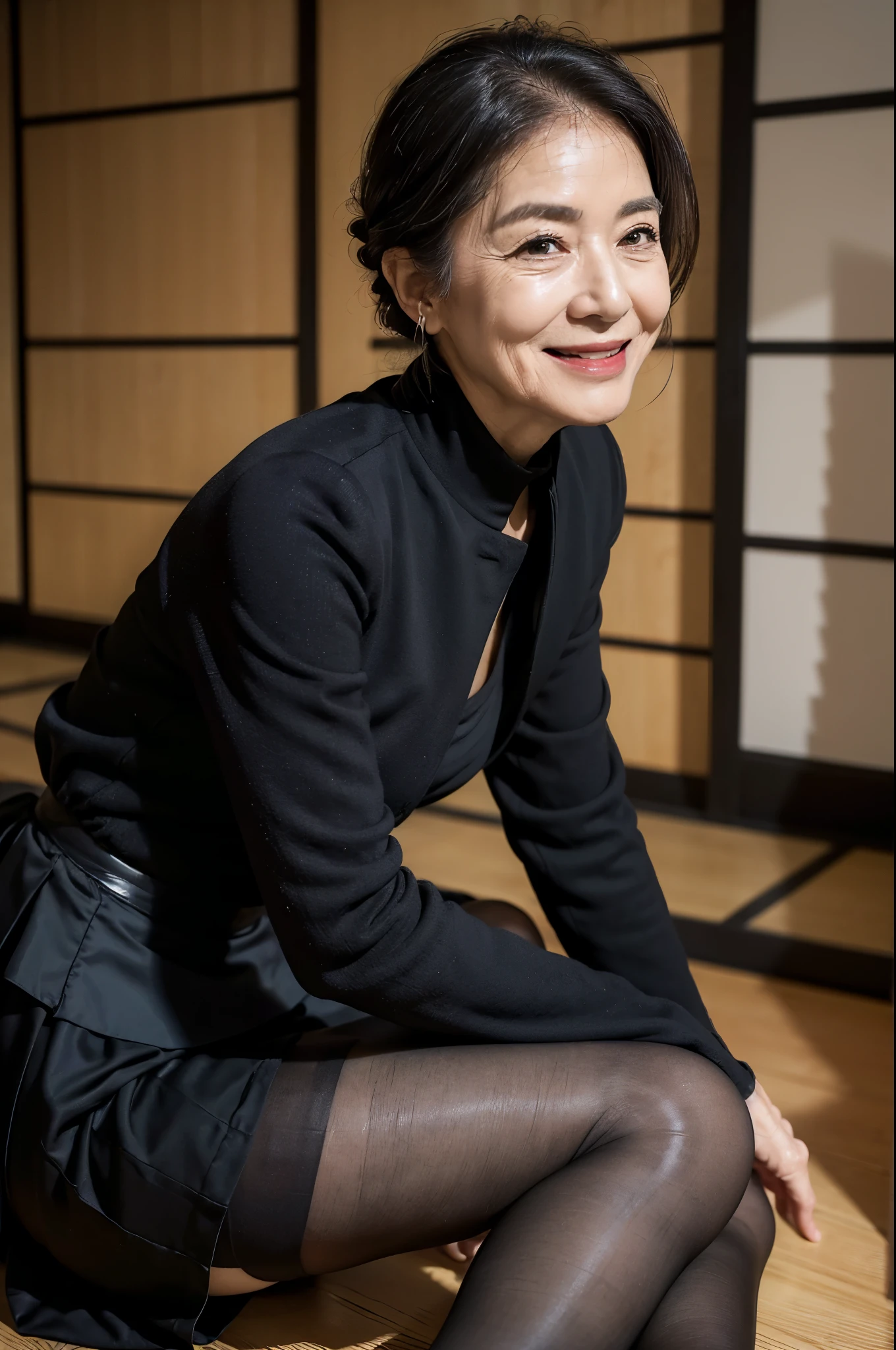 (masterpiece:1.4),(68-year-old woman:1.5),(facial wrinkles 1.2),A kind smile, (Updo : 1.1), (black suit), (black skirt), (black nylon tights : 1.1), Motherhood Mature Woman, (focus on legs : 1), on tatami, traditional japanese room,