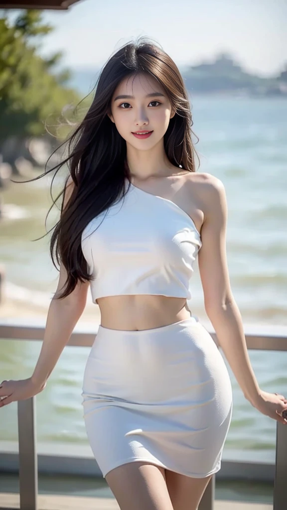 by the sea,There is a beauty that catches the eye。She has a slim figure,Wear a short skirt,Crop topping,Dance,It looks more elegant。In terms of appearance,She has long black and shiny hair,The skin is as fair as jade,The facial features are delicate and picturesque,Especially those big bright eyes,It seems to be able to see through people's hearts。She often has a smile on her lips,Exudes charming confidence and charm,Best quality,Face to face audience,