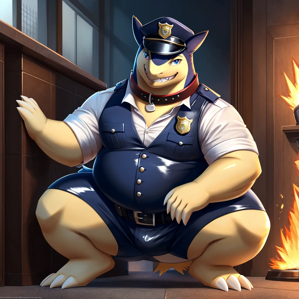Solo, Male, fat, squatting, extremely obese, gentleman, dapper Typhlosion, blue eyes, (soft shading), 4k, hi res, ((detailed face, detailed)), looking at viewer, evil grin, police station, collared shirt with buttons, hat, male focus, Police Uniform, glasses, monocle, vest with buttons, sleeves rolled up, round eyewear, headwear, vest, Typhlosion is wearing a glossy leather dog collar around the neck, Typhlosion is wearing the leather collar and shirt and vest at the same time, Typhlosion is wearing glossy white rubber gloves on the hands, wearing white rubber gloves on the feet, Typhlosion is wearing glossy white cuffs around the wrists with cufflinks, gloves are rubber in texture, clenching teeth, clenching fists, leather collar is glossy and shiny with a lot of detail, Typhlosion is wearing gloves and cuffs and cufflinks at the same time, leather collar has a round dog-tag, leather collar is thick and detailed.