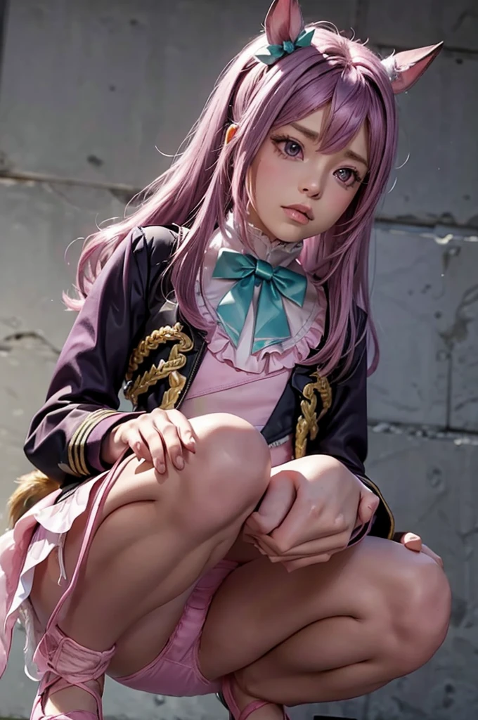 ((((pink panties)))),panties focus,mejiro mcqueen, purple hair,horse ears, ear ribbon, horse tail,frills, black jacket, bowtie, long sleeves, black skirt,sit with your heels on the ground、hold your knees with both hands,open legs,squating,(((straight-on))),nsfw