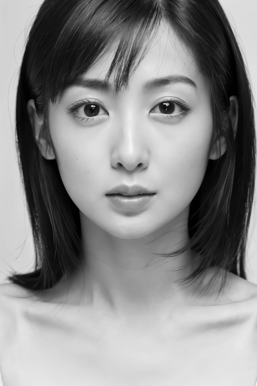 Masterpiece, high quality, photorealsitic, high resolution, 8k wallpaper, Professional photo, Super detailed face, detailed eyes, ((monochrome photo)), 1girl in, Skinny Japanese woman, ((Facing the front)), ((lips are only in Red)), Detailed clavicle, perfect face, {long|short} face, straight hair, (look straight at a camera)