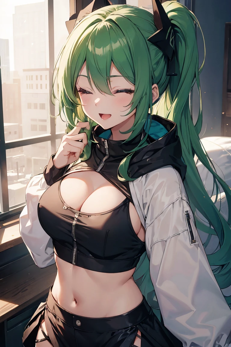 ((High quality, masterpiece, very high resolution, 4K quality)), a female anime character with green hair wearing an outfit and standing on a cataract, 1girl, solo, breasts, one eye closed, crop top, green hair, smile, cleavage, ponytail, long hair, looking at viewer, shrug (clothing), ok sign, hood, ;d, hair ornament, long sleeves, midriff, open mouth, medium breasts, hood down, buruma