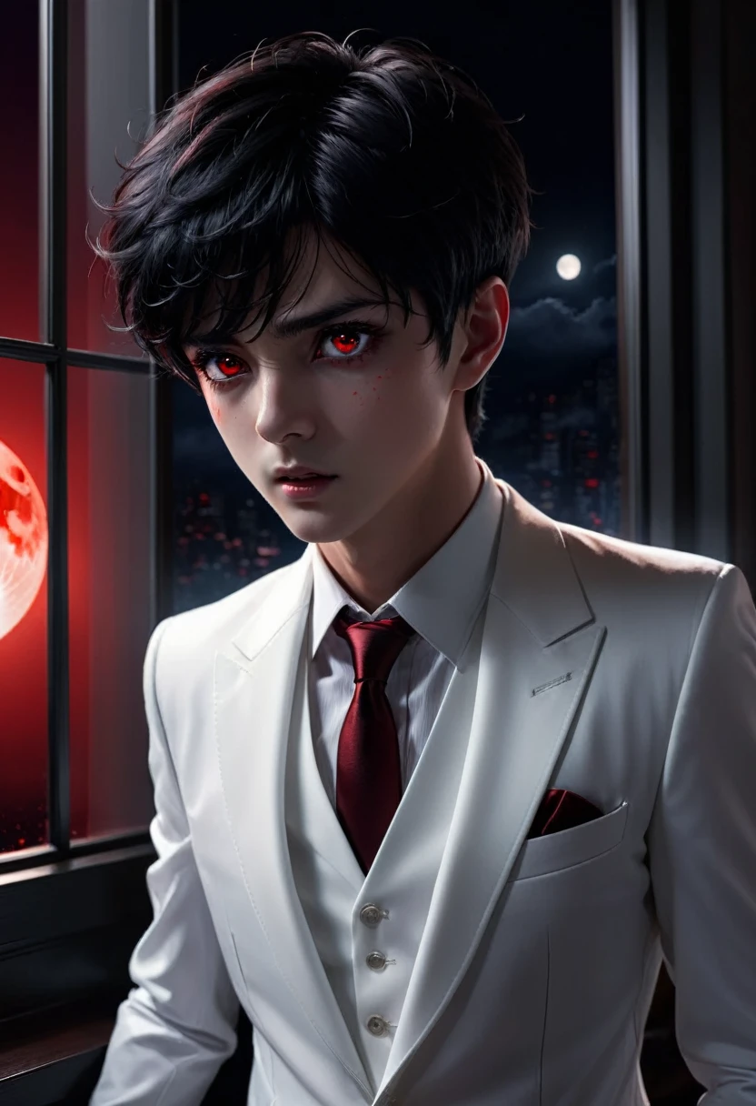 Night, pitch black, by the window, a handsome boy, white suit, panic, energy flow around, red moonlight, black eyes, facial ultra-detail, short black hair, facial ultra-detail, highly realistic, 4K, chiaroscuro, super high detail