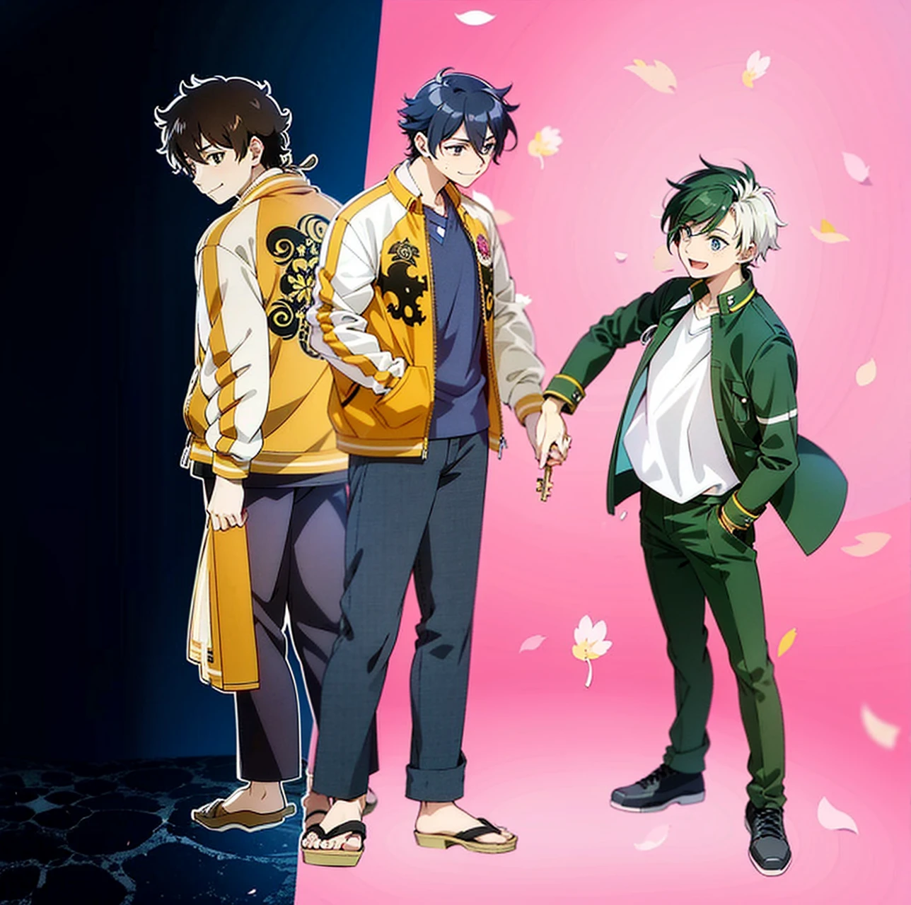anime characters standing next to each other holding hands on a pink background, smiling, official art, anime key visual", bishounen, official anime still, official fanart, inspired by Okumura Masanobu, anime key visual concept, koyoharu gotouge, official anime art, official studio anime still, official modern anime, anime key visuals, cel shaded anime, Sakura tree petals flying