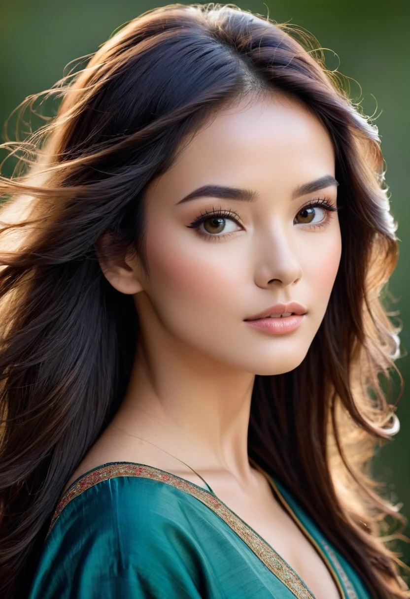 Create an image of the perfect female face according to scientific standards. The face should have symmetrical features, clear skin, and proportions where the distance between the eyes and mouth is 36% of the face length, and the distance between the eyes is 46% of the face width. The background should reflect a universal beauty standard, appreciated across different cultures and time periods. Add beautiful hair to this image. Full head of hair visible, portrait shot.