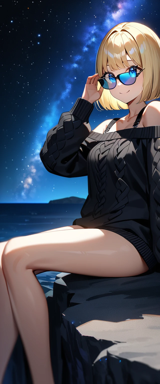 (((a beautiful starry sky, the Milky Way shining beautifully in the night))), ((bare legs)), (((sunglasses, hand to sunglasses))), ((Aran sweater)), ((((from side)))), upper body, ((sitting on the very high cliff)), wavy hair, inward curled hair, sea, beach, ((blond hair, bob cut:1.3)), breasts, teenager, (looking up), oversized clothes, puffy long sleeves, ((off-shoulder sweater:1.3, Quite thick shoulder straps)), ((black sweater)), collarbone, head tilt:1.3, (((blue eyes))), happy smile, (((anime style))), (best quality, 4K, 8K, highres, masterpiece:1.2, ultra-detailed, ultra-detailed eyes, HDR, uhd, studio lighting, ultra-fine painting, sharp focus, physically-based rendering, extreme detail description, professional, vivid colors, bokeh)