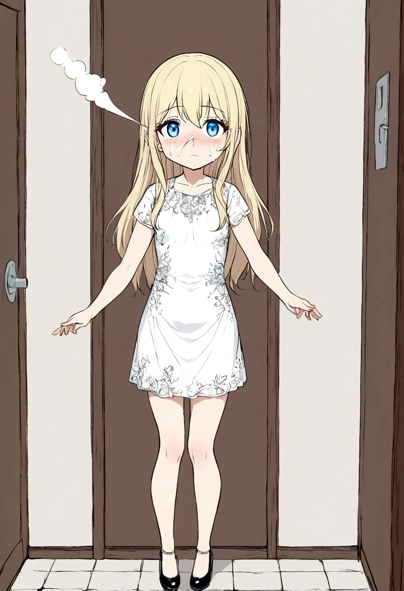 Anime. Baby. Princess. Blonde. Long hair. Blue eyes. Beautiful eyes. Light dress. Shoes. Cold. Runny nose. Snot. Nasal mucus. Sneeze. Sneezing. Sneezes. Snot flows from the nose. Wants to chug. I have to sneeze. Very strong desperate desire to sneeze. She sneezed. She sneezed. She sneezes while standing. Fantasy city. Lock. Corridor . At the entrance to the toilet. Full height. Standing. Full body.
