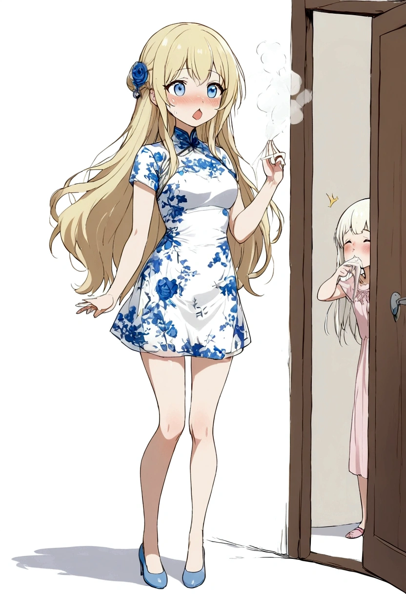 Anime. Baby. Princess. Blonde. Long hair. Blue eyes. Beautiful eyes. Light dress. Shoes. Cold. Runny nose. Snot. Nasal mucus. Sneeze. Sneezing. Sneezes. Snot flows from the nose. Wants to chug. I have to sneeze. Very strong desperate desire to sneeze. She sneezed. She sneezed. She sneezes while standing. Fantasy city. Lock. Corridor . At the entrance to the toilet. Full height. Standing. Full body.