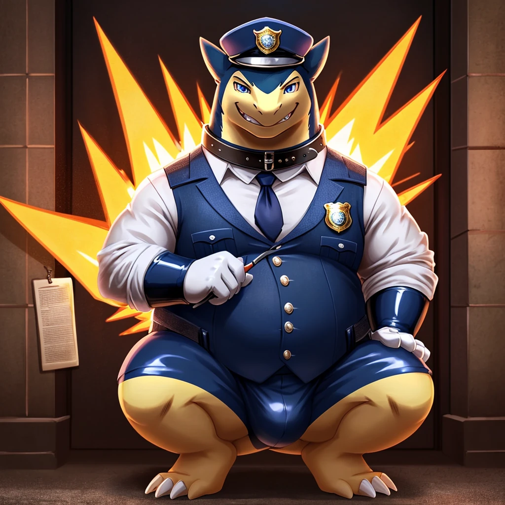 Solo, Male, fat, squatting, extremely obese, gentleman, dapper Typhlosion, blue eyes, (soft shading), 4k, hi res, ((detailed face, detailed)), looking at viewer, evil grin, police station, collared shirt with buttons, hat, male focus, Police Uniform, glasses, monocle, vest with buttons, sleeves rolled up, round eyewear, headwear, vest, Typhlosion is wearing a glossy leather dog collar around the neck, Typhlosion is wearing the leather collar and shirt and vest at the same time, Typhlosion is wearing glossy white rubber gloves on the hands, wearing white rubber gloves on the feet, Typhlosion is wearing glossy white cuffs around the wrists with cufflinks, gloves are rubber in texture, clenching teeth, clenching fists, leather collar is glossy and shiny with a lot of detail, Typhlosion is wearing gloves and cuffs and cufflinks at the same time, leather collar has a round dog-tag, leather collar is thick and detailed.