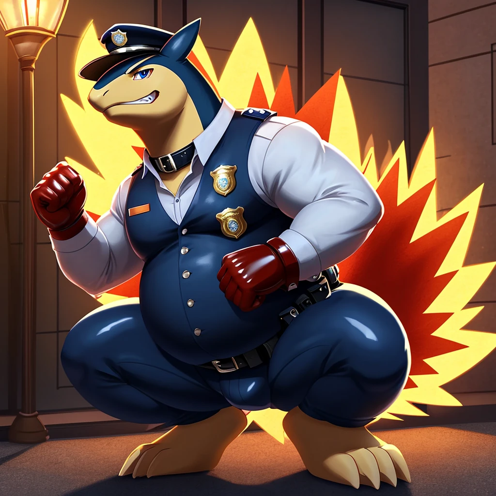 Solo, Male, fat, squatting, extremely obese, gentleman, dapper Typhlosion, blue eyes, (soft shading), 4k, hi res, ((detailed face, detailed)), looking at viewer, evil grin, police station, collared shirt with buttons, hat, male focus, Police Uniform, glasses, monocle, vest with buttons, sleeves rolled up, round eyewear, headwear, vest, Typhlosion is wearing a glossy leather dog collar around the neck, Typhlosion is wearing the leather collar and shirt and vest at the same time, Typhlosion is wearing glossy white rubber gloves on the hands, wearing white rubber gloves on the feet, Typhlosion is wearing glossy white cuffs around the wrists with cufflinks, gloves are rubber in texture, clenching teeth, clenching fists, leather collar is glossy and shiny with a lot of detail, Typhlosion is wearing gloves and cuffs and cufflinks at the same time, leather collar has a round dog-tag, leather collar is thick and detailed.