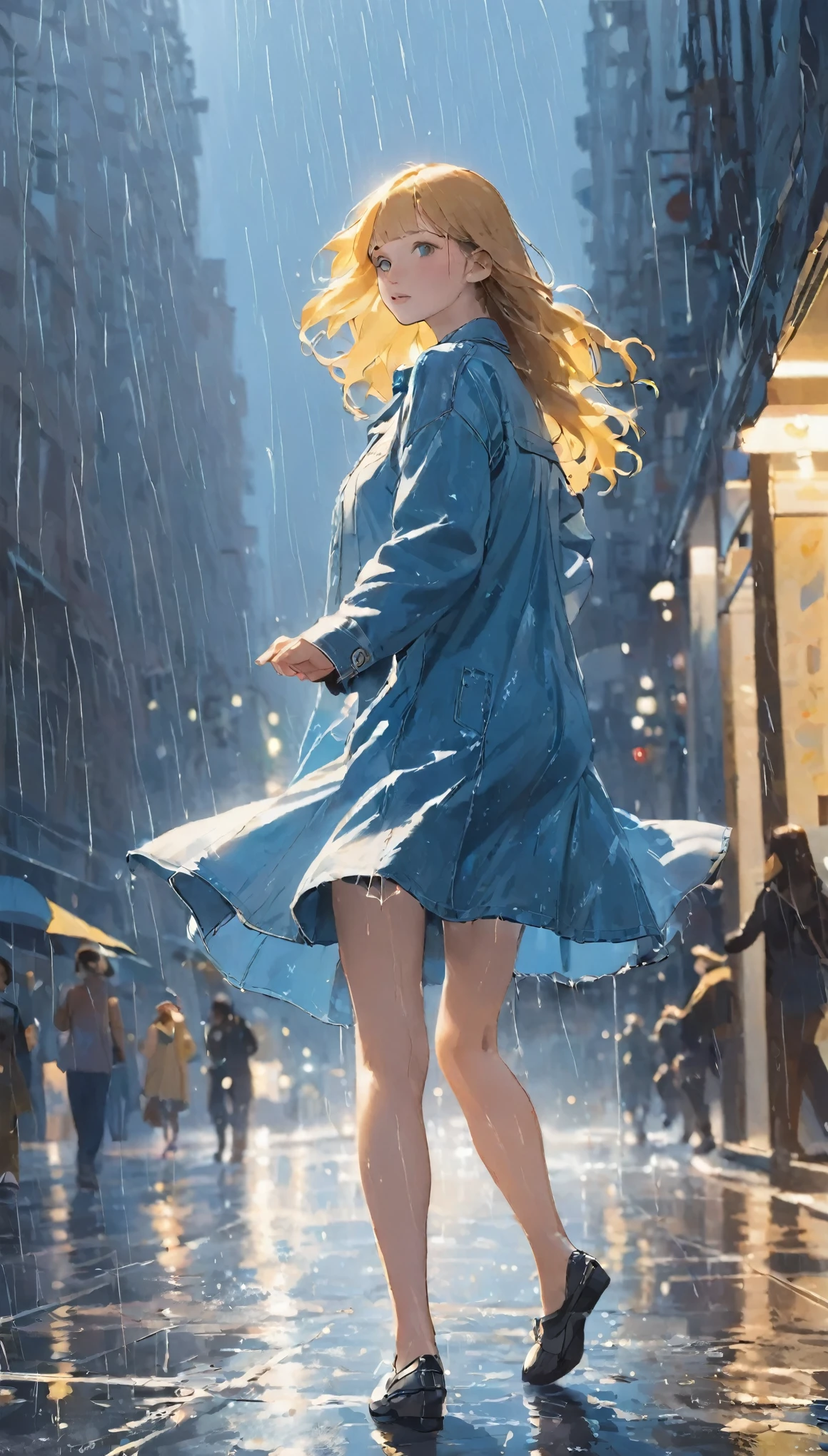 Highest quality、masterpiece:1.3、dancer、カッコいいdancer、Dancing Girl:1.7、(((一人の女の子が雨の中でInnocenceに笑いながら一回転をしている、Dancing in the rain:1.37)))、alone、Girls spinning in the heart of downtown、Innocence、Wet girl、Clothes that are wet、Casual clothing、Denim pants、New York Times、無人のNew York Times、