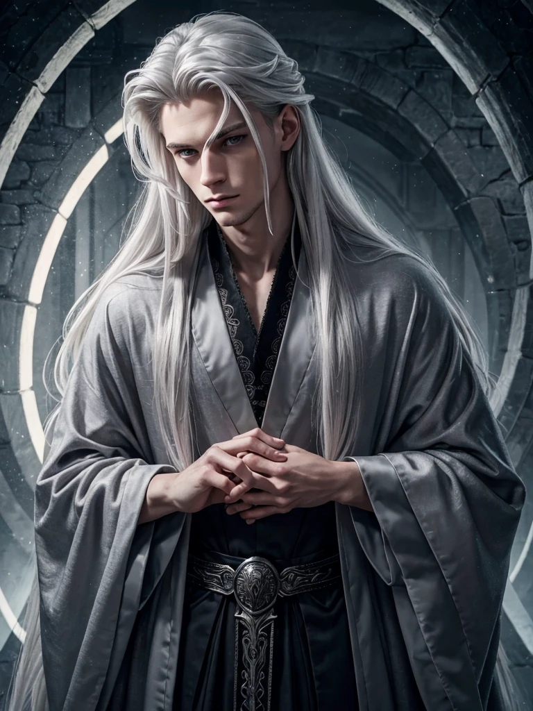 (best quality), 1boy, Male, 28 years old, pale skin, silver hair, very long hair, grey eyes, perfect eyes, magical robe, fully clothed, mysterious, handsome, strong jawline, perfect face, dark fantasy, (masterpiece), anatomically correct, highres