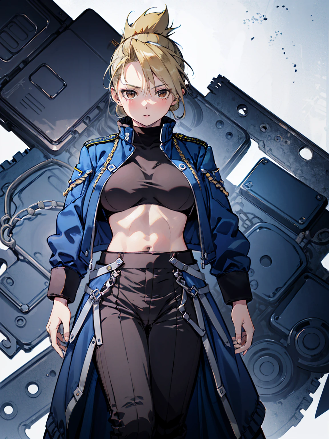 masterpiece, Highest quality, High resolution, One girl, (Blue jacketの下にBlack innerwearを着ている), Folded ponytail, Brown eyes, , (uniform, Blue jacket, Blue pants), ,Big Breasts, Black innerwear, (