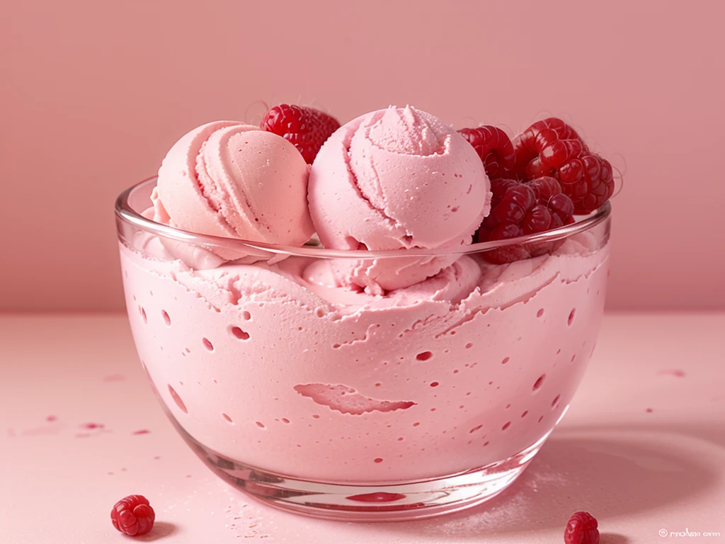 fresh raspberry style ice cream,pink background,in glass cup,some raspberrys on the ice cream
