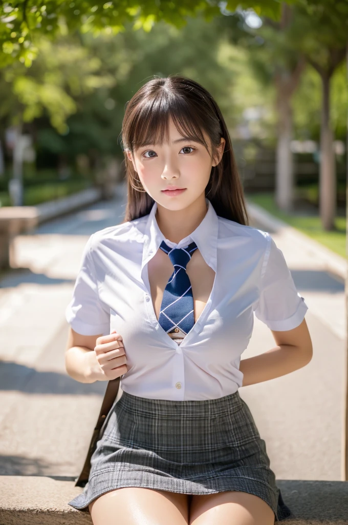 ((Highest quality, 8K, masterpiece :1.3)), Realistic、Ultra-high resolution、Natural skin texture、Hyperrealism、Above the knees photo、 beautiful Japanese girl、（Large Breasts,Cleavage）、White collar shirt and tie、Checked mini skirt、（Beautiful legs）,Serious expression、