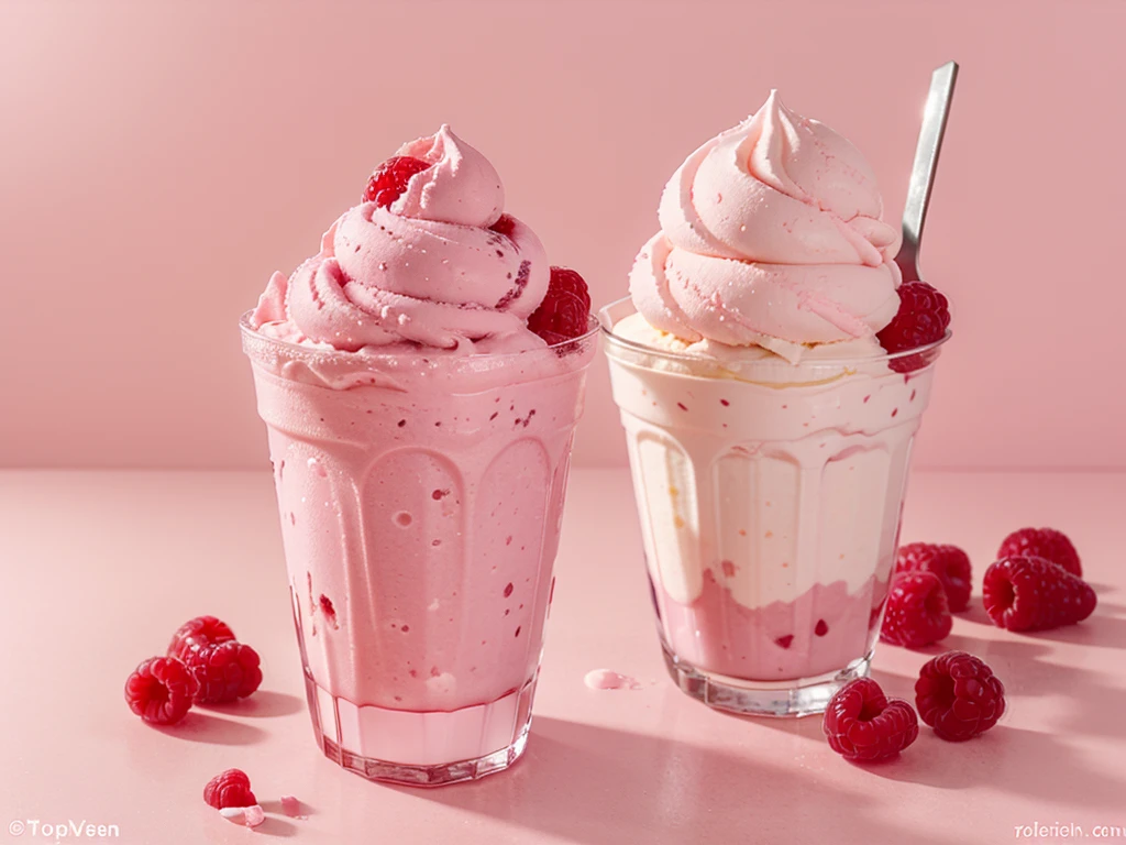 fresh raspberry style ice cream，pink background，in glass cup，some raspberrys on the ice cream