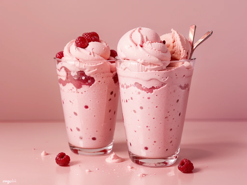 fresh raspberry style ice cream,pink background,in glass cup,some raspberrys on the ice cream