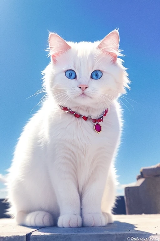 White cat with a ruby necklace　blue eyes　cute　Fluffy fur　Watercolor style