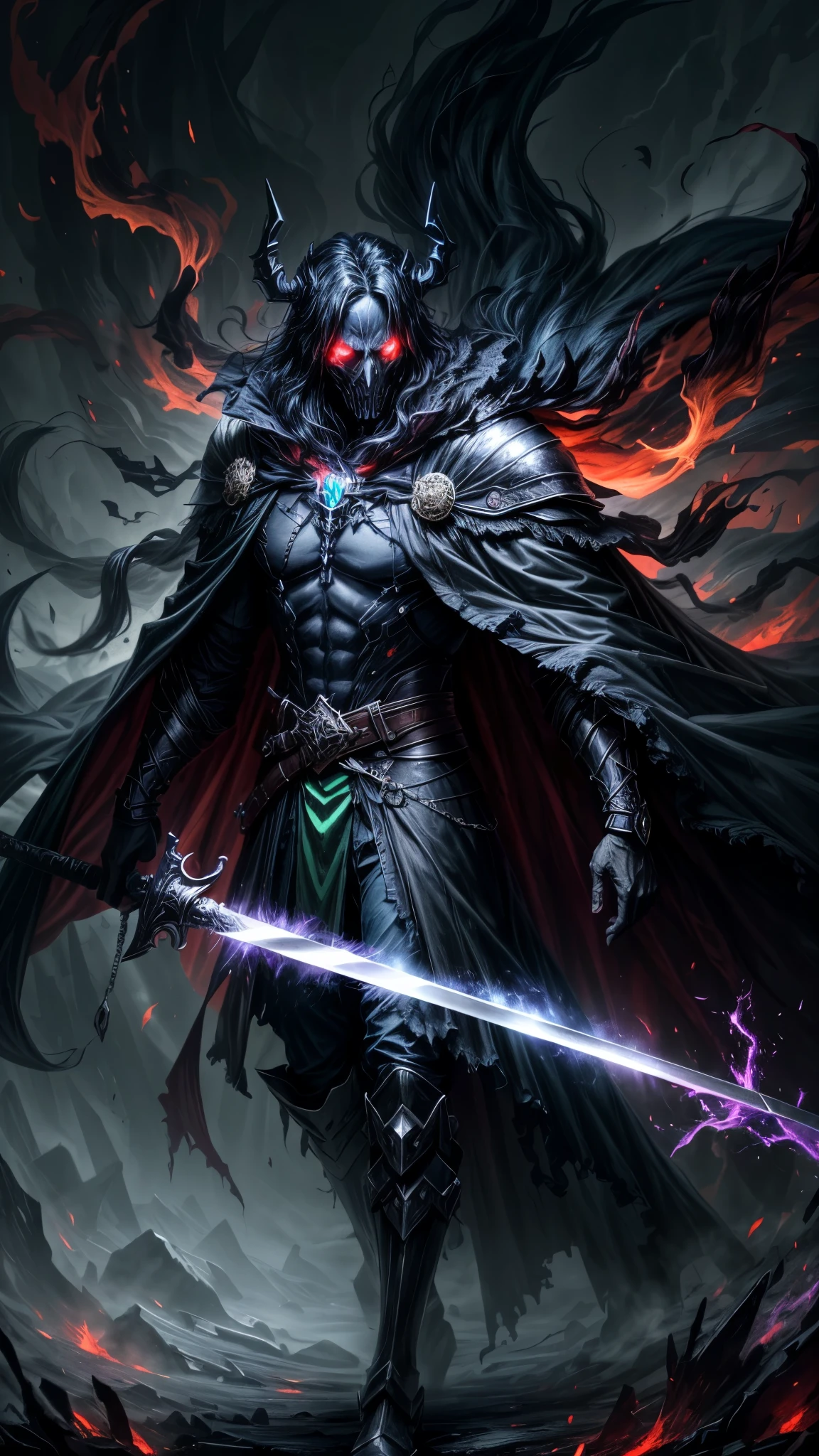 A dark and ominous creature, a god of death with a black crown, red glowing eyes, dynamic point of view, a fantasy character with a large torn black cape, wearing black and torn clothes, holding a magic sword with a blue and green aura around it, magical effects surrounding the sword, dark evening outdoor background on a dark plain