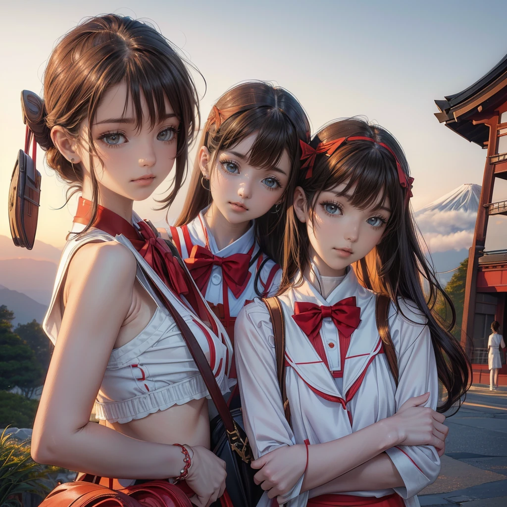 ((8K, RAW Photos, Highest quality, masterpiece)), High-resolution RAW color photos、
Professional close-up photography, (Realistic, フォトrealism: 1.37),
(Highest quality), (Best Shadow), (Best illustrations),
High-quality images、Skin Radiance、Texture of skin and clothing、
Expression of fine eyes、Shiny Hair,Long Hair Girl, Manga inspired by Lee Jong-suk,
Trending on deviantart, realism, detailed manga style, Manga art style,
Perfect Line Drawing, Beautiful line art, digital manga art girl, K-POPアイドル,
Beautiful brown eyes, Fuller lips, Gorgeous face with attention to detail,
(Cute Smile), attractive, Innocent, (Perfectly detailed face),
(Detailed and carefully drawn hand) Photorealistic images, Written boundary depth,
(Japanese style princess cut hairstyle:1.5),
best quality, masterpiece, New Year,
Three Japanese high-school cute girls, ((looking straight:1.7)),
a short-sleeved Japanese-blue-high-school-sailor-suit,
((Reddish bow tie, with a school bag:1.5))
((gently smiling:1.7)),
((upper arms hidden by clothes and hair:1.5)),
(innocent and pure high-school-girls:1.7)
(separately side by side:1.5),
shrine background, (mount Fuji:1.3), (outdoors:1.5)