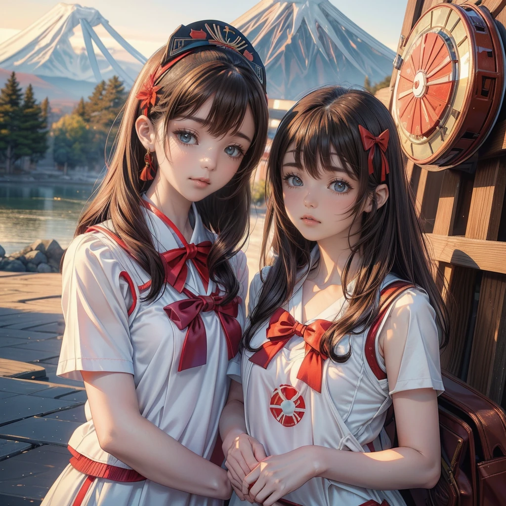 ((8K, RAW Photos, Highest quality, masterpiece)), High-resolution RAW color photos、

Professional close-up photography, (Realistic, フォトrealism: 1.37), 

(Highest quality), (Best Shadow), (Best illustrations),

High-quality images、Skin Radiance、Texture of skin and clothing、

Expression of fine eyes、Shiny Hair,Long Hair Girl, Manga inspired by Lee Jong-suk, 

Trending on deviantart, realism, detailed manga style, Manga art style,

Perfect Line Drawing, Beautiful line art, digital manga art girl, K-POPアイドル,

 Beautiful brown eyes, Fuller lips, Gorgeous face with attention to detail, 

(Cute Smile), attractive, Innocent, (Perfectly detailed face), 

(Detailed and carefully drawn hand) Photorealistic images, Written boundary depth, 

(Japanese style princess cut hairstyle:1.5), 

best quality, masterpiece, New Year, 



Three Japanese high-school cute girls, ((looking straight:1.7)), 


a short-sleeved Japanese-blue-high-school-sailor-suit,

((Reddish bow tie, with a school bag:1.5)) 



((gently smiling:1.7)), 

((upper arms hidden by clothes and hair:1.5)),

(innocent and pure high-school-girls:1.7)



(separately side by side:1.5), 

shrine background, (mount Fuji:1.3), (outdoors:1.5)
