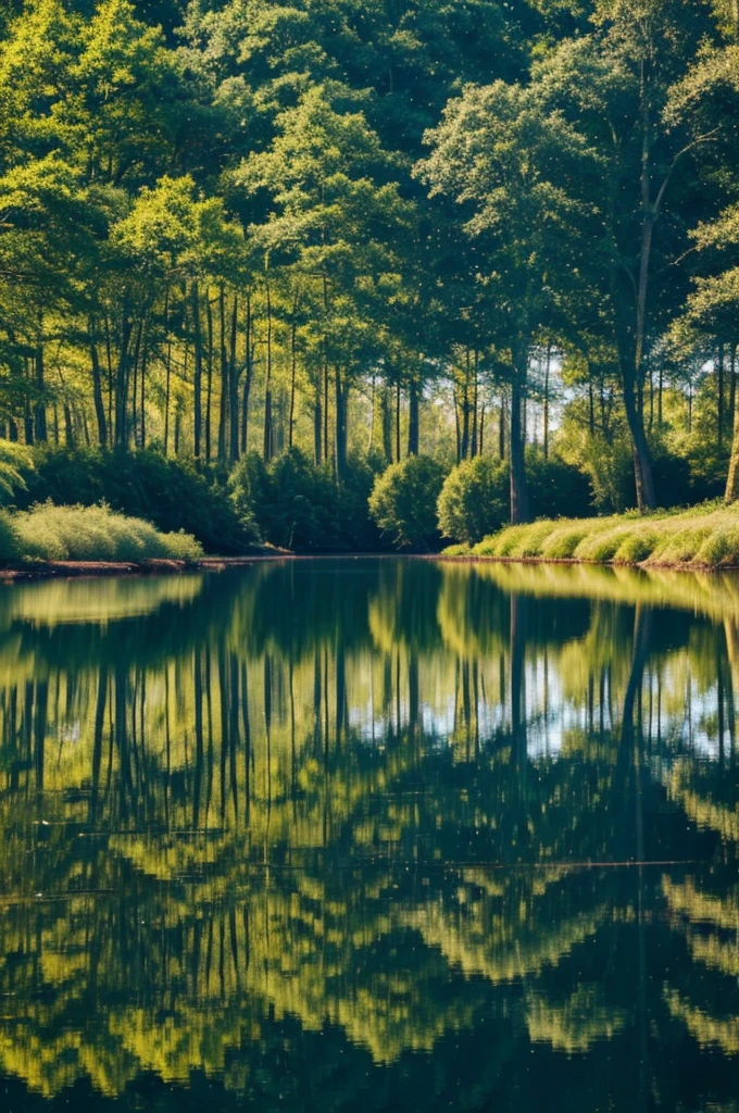 Imagine Mirror Lake of Tranquility: Nestled deep within a dense forest, the Mirror Lake reflects the canopy of ancient trees that encircle its glassy surface. The water is so clear that it seems as though you could reach out and touch the sky beneath your feet. Occasional ripples disturb the lake's perfect stillness, sending shimmering reflections dancing across the mirrored surface. Here, time feels suspended, and every breath is a meditation on the beauty of nature.