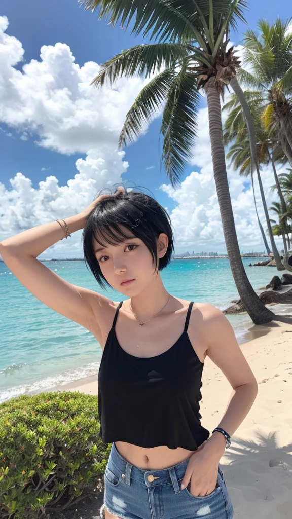 I agree to stand on the beach by the sea。She is wearing a black tank top and blue short jeans.。Short black hair down to the shoulders、I put my hands behind my head。Justice sees palm trees and the beach。White clouds are floating in the clear sky。In an anime-style style、Bright colors and realistic details。 ``` - **