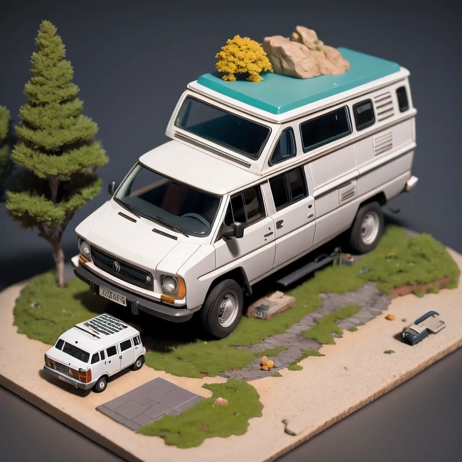 there is a small model of a camper van in a cave, stylized 3d render, 3d illustration, 3 d illustration, highly detailed diorama, 3 d low poly render, 3d low poly render, low poly 3 d, highly detailed sculpey diorama, lowpoly, low poly render, diorama model, low poly 3 d render, diorama