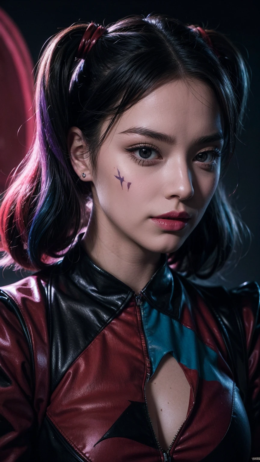 Portrait of Margot Robbie as Joker at a crowd gathering, Wearing a closed black and red clown costume, Harley Quinn style, Her face was illuminated by neon lights, Looks like Harley Quinn, Purple, He stood, Model shooting style (Extremely detailed CG unity 8k wallpaper), Full-frame photography of the world's most beautiful works of art, professional, Popular on ArtStation, Popular on CGsociety, complex, Very detailed, Be focused, dramatic, Midjourney and Greg Rutkowski created a realistic