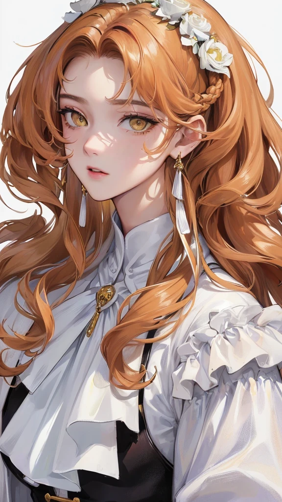 (Top resolution、Distinct_image)top-quality、femele、masterpiece、highly detailed、Semi-realistic、yellow eyes、18year old、young、cool clothing、Exquisite facial features、Facial features、unique hairstyle, variations, potrait, white background, ginger hair , long curly hairstyles, white blouse, wear a brown coat on top