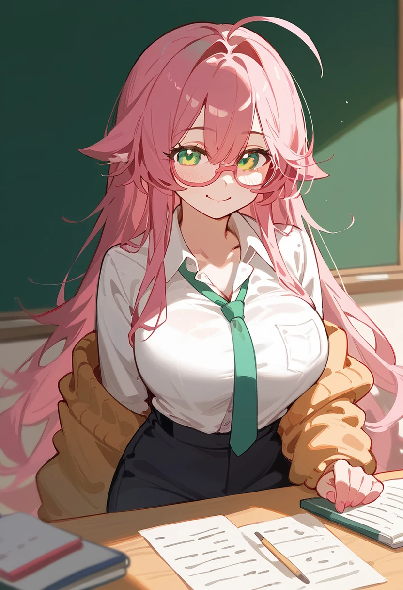 One Woman、private teacher、Big Breasts、Pink Hair、Long Hair、Ahoge、Kind older sister、Pink Glasses、Green Eyes、smile、Droopy eyeature