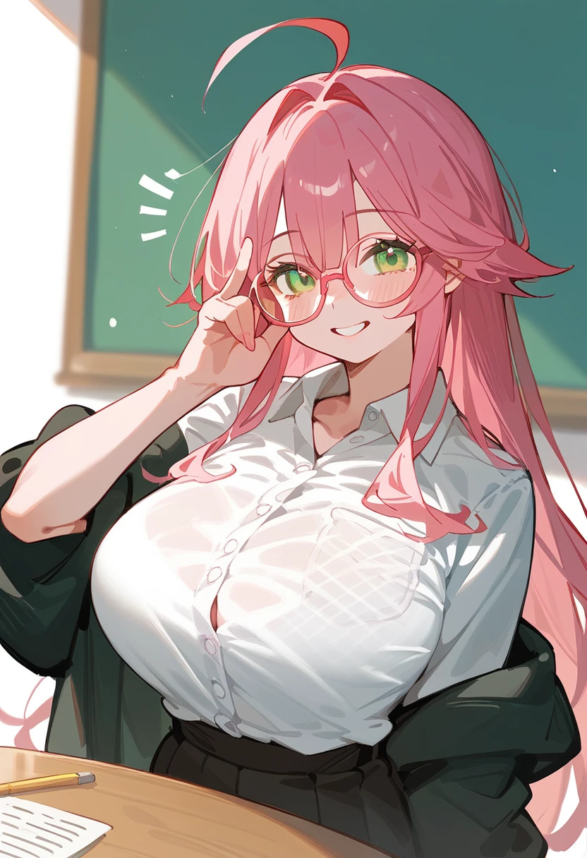 One Woman、private teacher、、Pink Hair、Long Hair、Ahoge、Kind older sister、Pink Glasses、Green Eyes、smile、Droopy eyeature