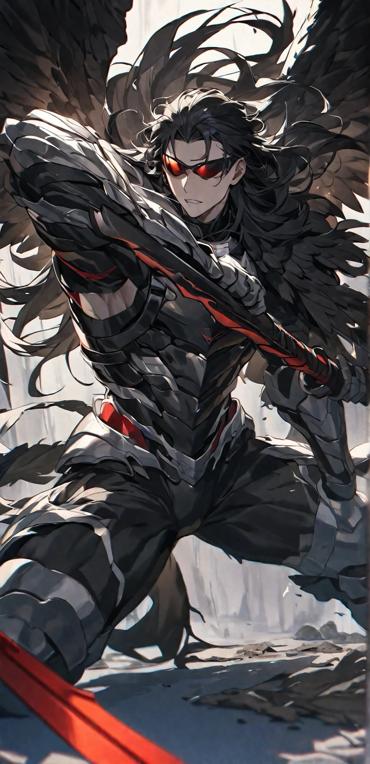 Best quality, one, beautiful, 1 man, tall man, with a sporty body, V-shaped body, wide shoulders, black detailed armour with bright white details, 10 black feathered wings, long hair, black hair covered with dirt and charcoal, neon white pupils (white eyes), the man has a huge sword in his hand, in a fighting position, against the background of Black miasma with shades of red