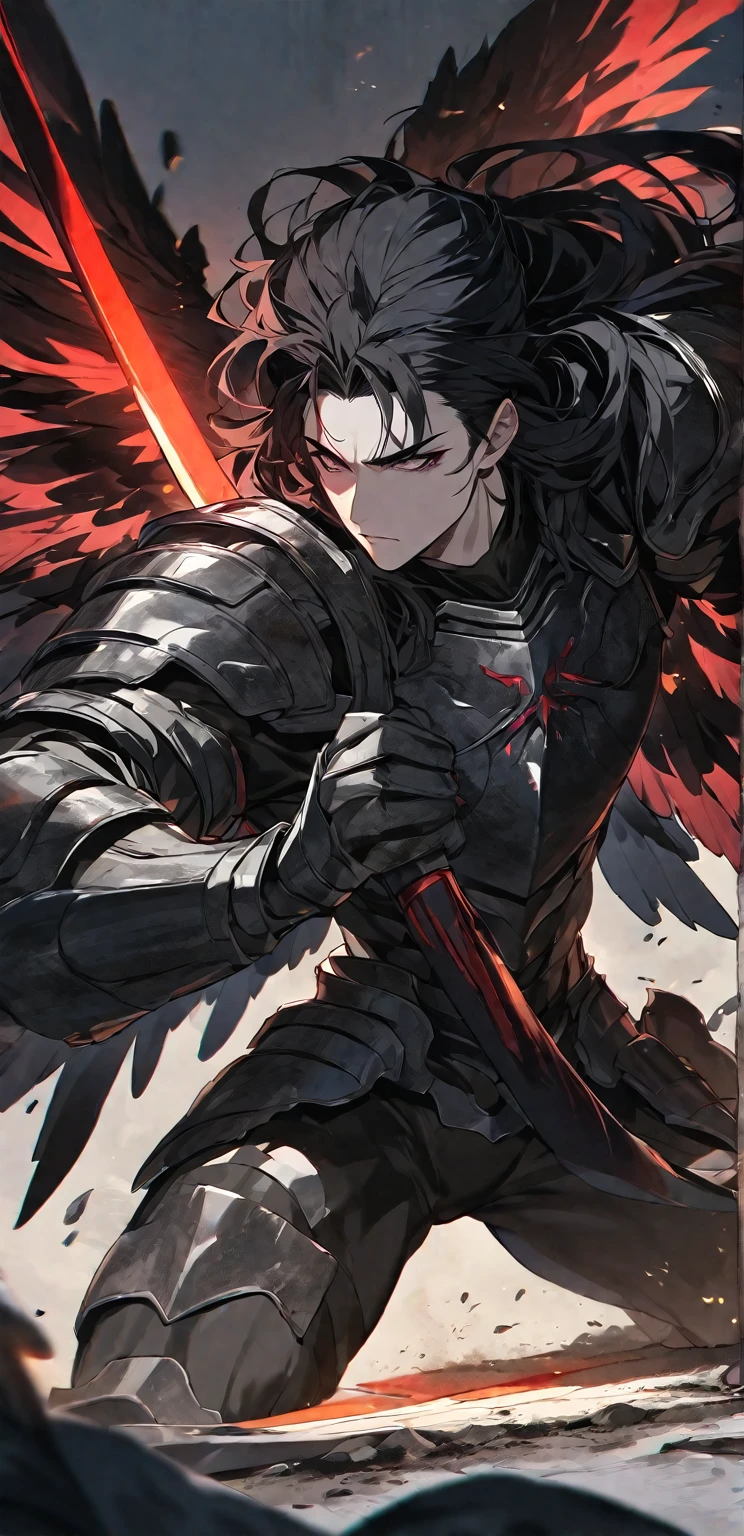 Best quality, one, beautiful, 1 man, tall man, with a sporty body, V-shaped body, wide shoulders, black detailed armour with bright white details, 10 black feathered wings, long hair, black hair covered with dirt and charcoal, neon white pupils (white eyes), the man has a huge sword in his hand, in a fighting position, against the background of Black miasma with shades of red