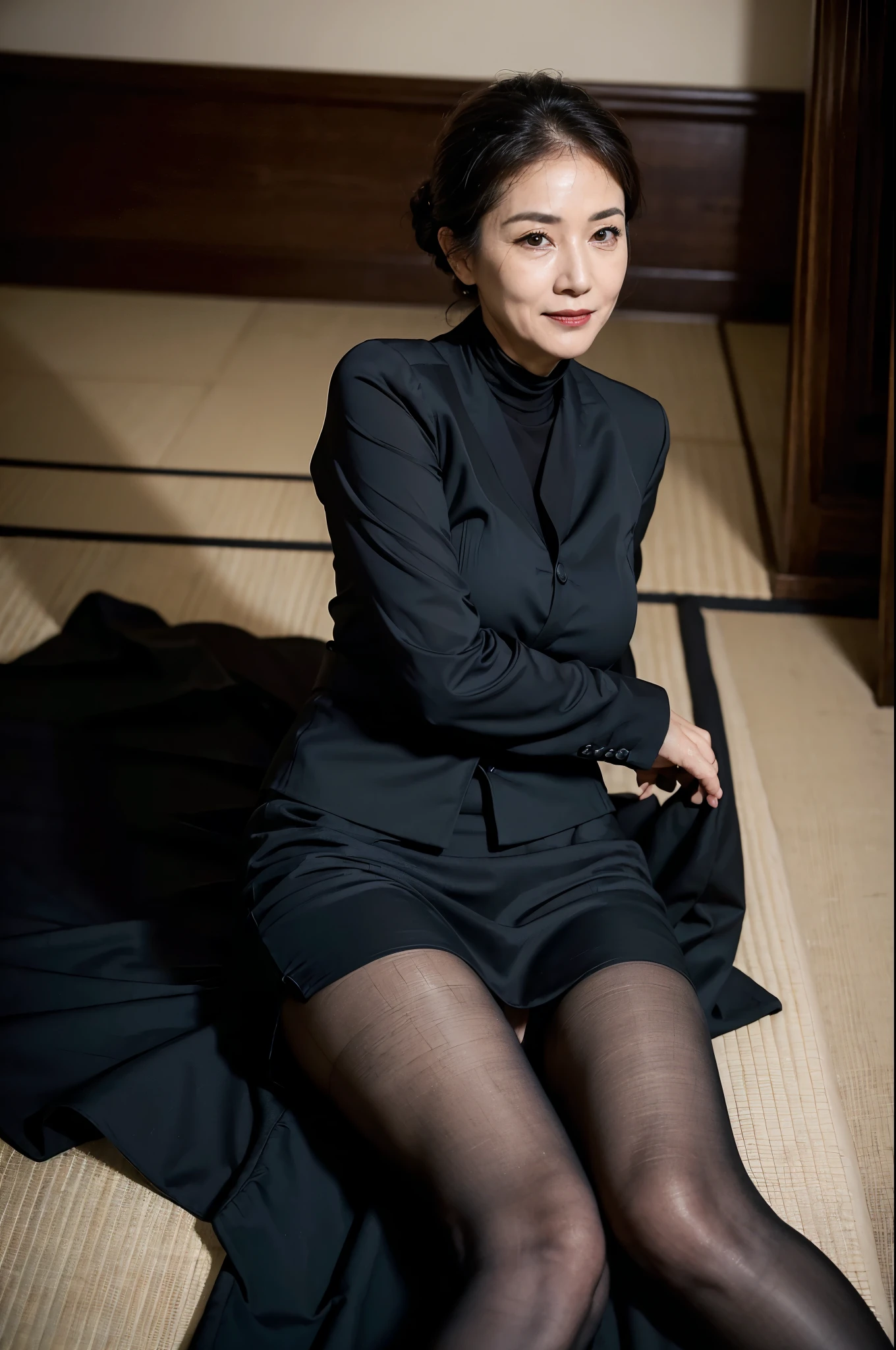 (masterpiece:1.4),(61-year-old woman:1.5),(Facial wrinkles : 1.2),(smirking : 1.1), (Updo : 1.1), (black suit), (black skirt), (black nylon tights : 1.1), Motherhood Mature Woman, (focus on legs : 1), on tatami, traditional japanese room, (smoking cigarettes : 1), (cigarettes on her lips : 1)