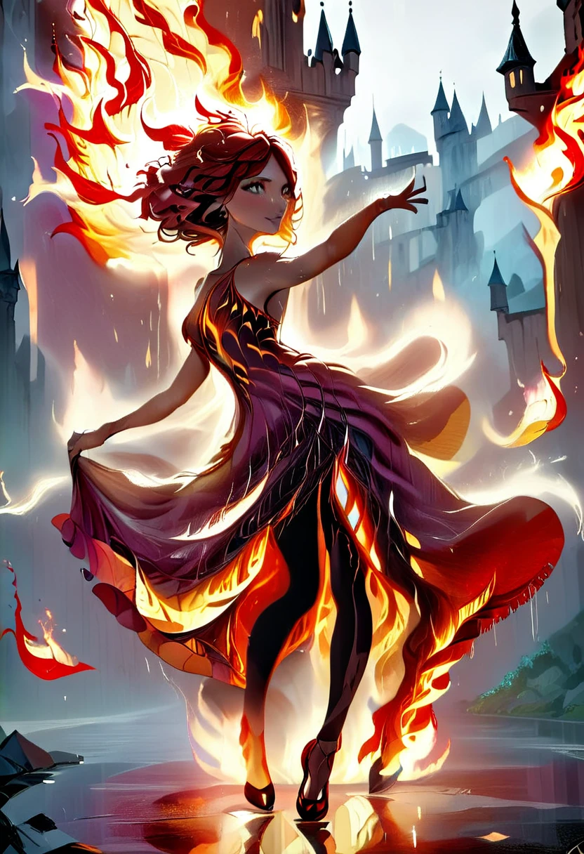 a sorceress of fire making fire dance in a the storm of rain, a most exquisite beautiful sorceress, controlling fire manipulating fire, a woman, dynamic hair color, dynamic hair style, wet hair, wet face, dynamic eyes color, full body shot, wearing dress made of fire, wearing intricate high heels, light make up, dancing in courtyard of a fantasy castle, ((heavy rain drops: 1.1)), clouds in the sky,  (anatomically correct: 1.4), (full body shot: 1.1) , vibrant, Ultra-high resolution, High Contrast, (masterpiece:1.5), highest quality, Best aesthetics), best details, best quality, highres, ultra wide angle, 16k, [ultra detailed], masterpiece, best quality, (extremely detailed),  firecd_xl, phoenix dress, FireMagicAI