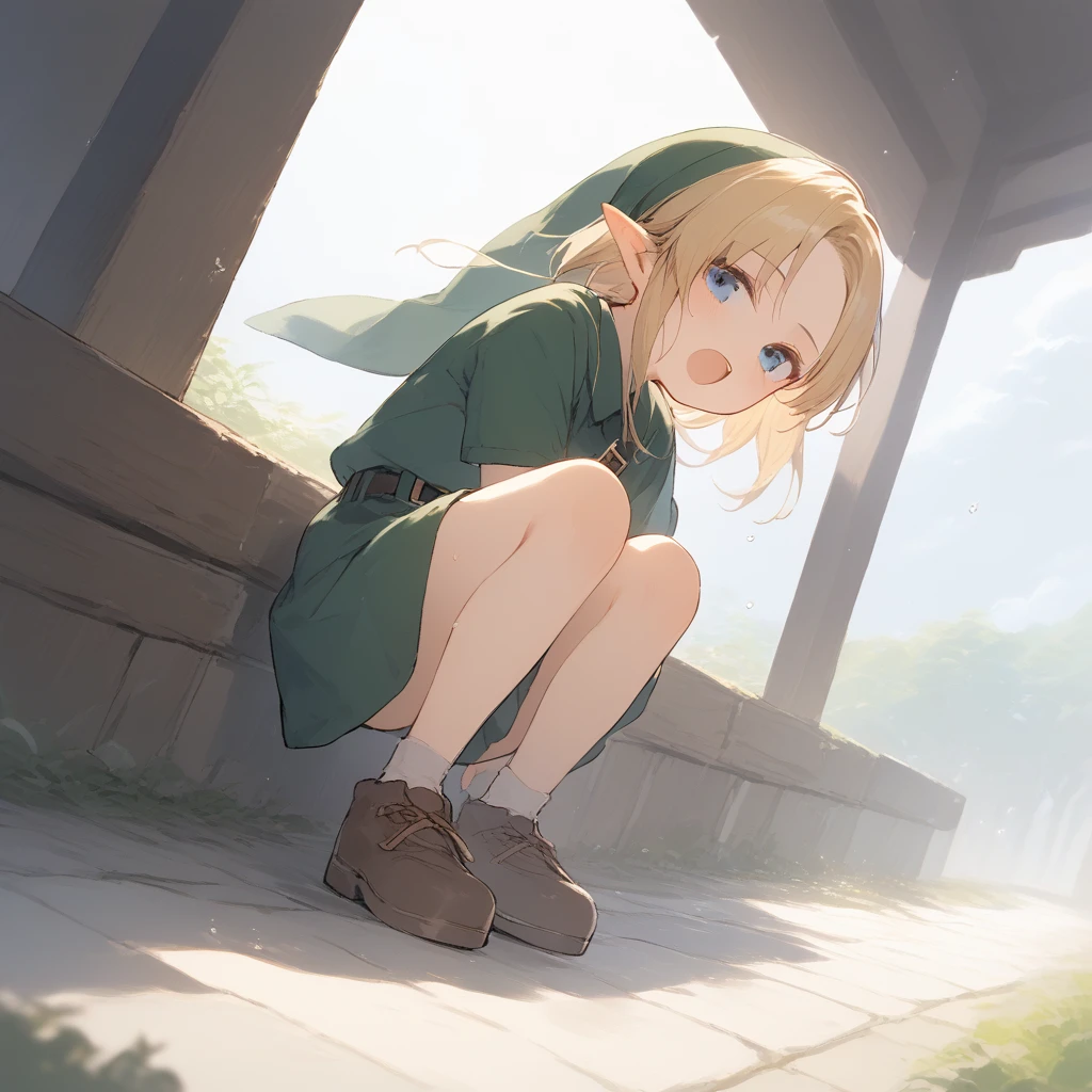 score_9, score_8_up, score_7_up, source_anime, best quality, masterpiece, official art, absurdres, highres, ultra-detailed,waifu2x,Collection: Slice of Life,break,1girl, YoungLink,13-year-old, small breasts, blonde hair, green tunic, pointy ears, hat, solo, blue eyes,green_headwear belt, sword, sweat, open mouth, (yawn:0.3), sleepily, meadow, outdoors, wind,break,(clear line illustration:1.2), super detailed skin,very high resolution, very aesthetic, Best sexual lighting powered by famous artist, 8k,cute picture,beauty illustration,photoshop_(medium),,(Detailed Lighting),best anime 8k konachan wallpaper, pixiv contest winner, 