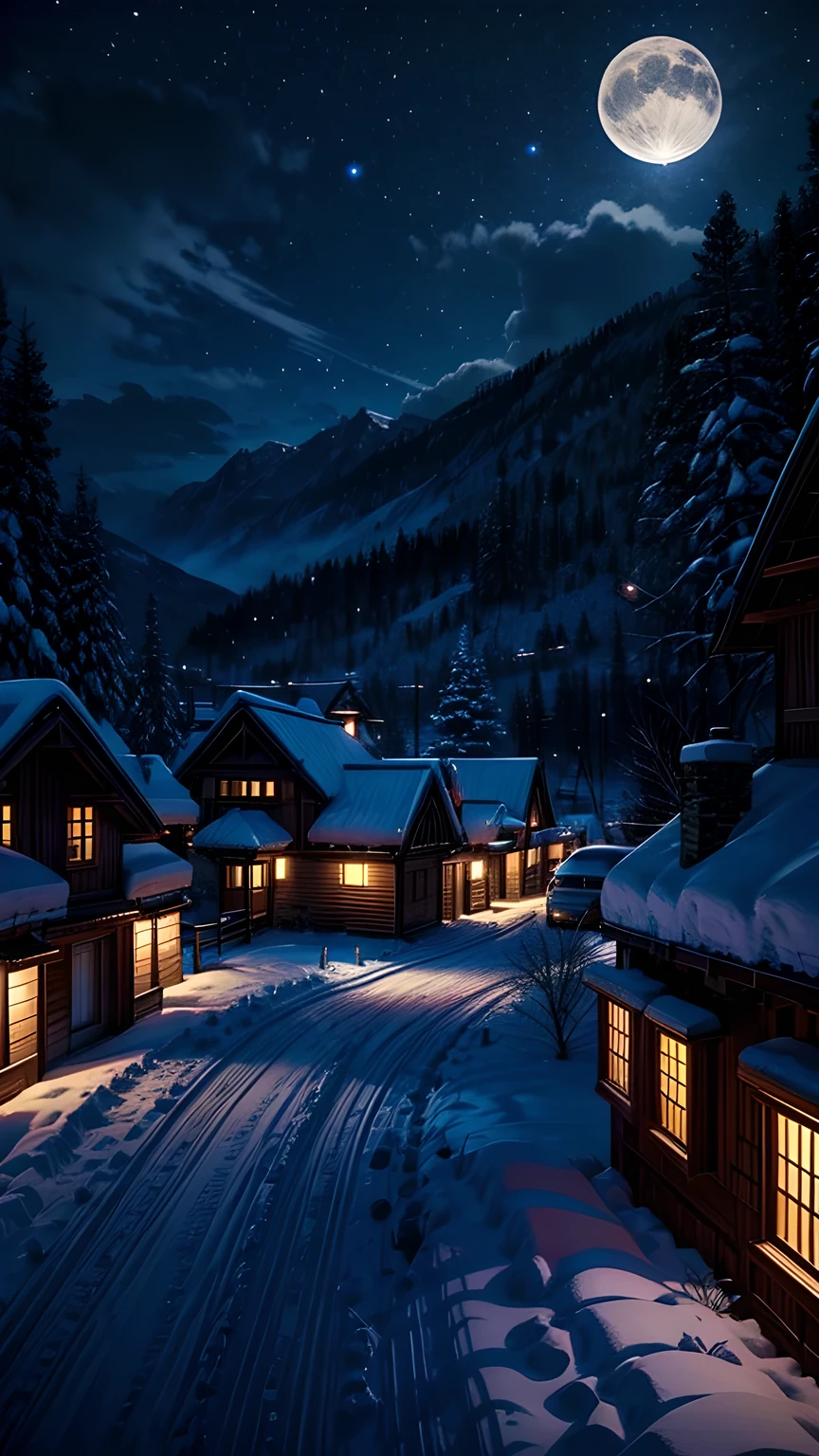Snow,village,night,moon,Sky,Maximum resolution,The most beautiful scenery。