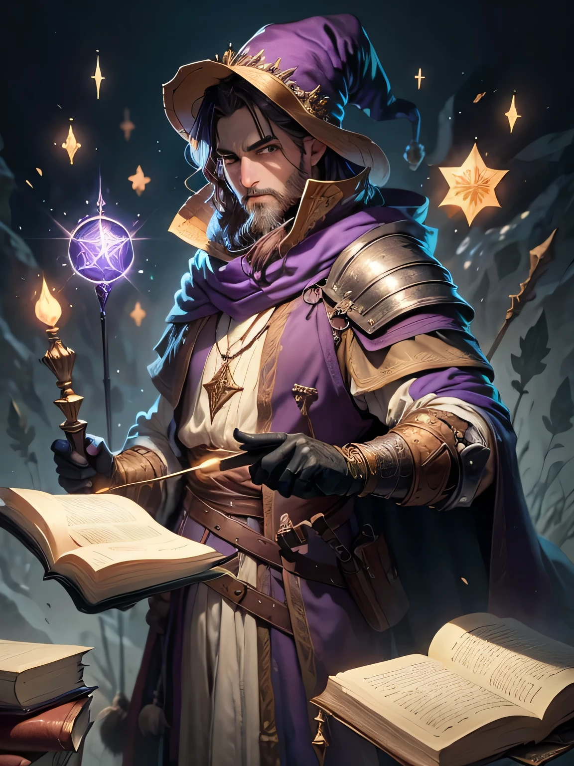 medieval wizard in action pose, with a Purple clothes, holding a magic staff and a book 