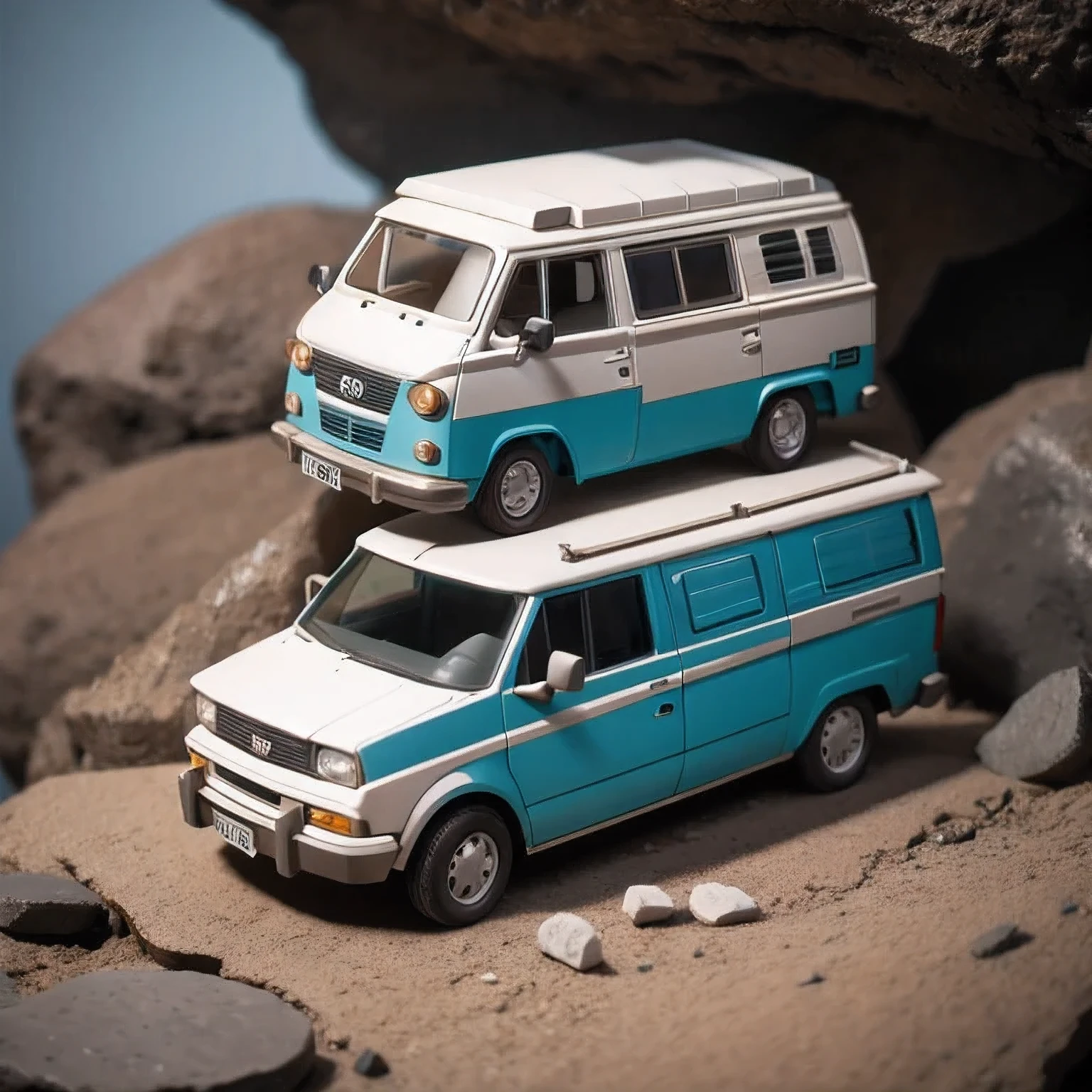 there is a small model of a camper van in a cave, stylized 3d render, 3d illustration, 3 d illustration, highly detailed diorama, 3 d low poly render, 3d low poly render, low poly 3 d, highly detailed sculpey diorama, lowpoly, low poly render, diorama model, low poly 3 d render, diorama