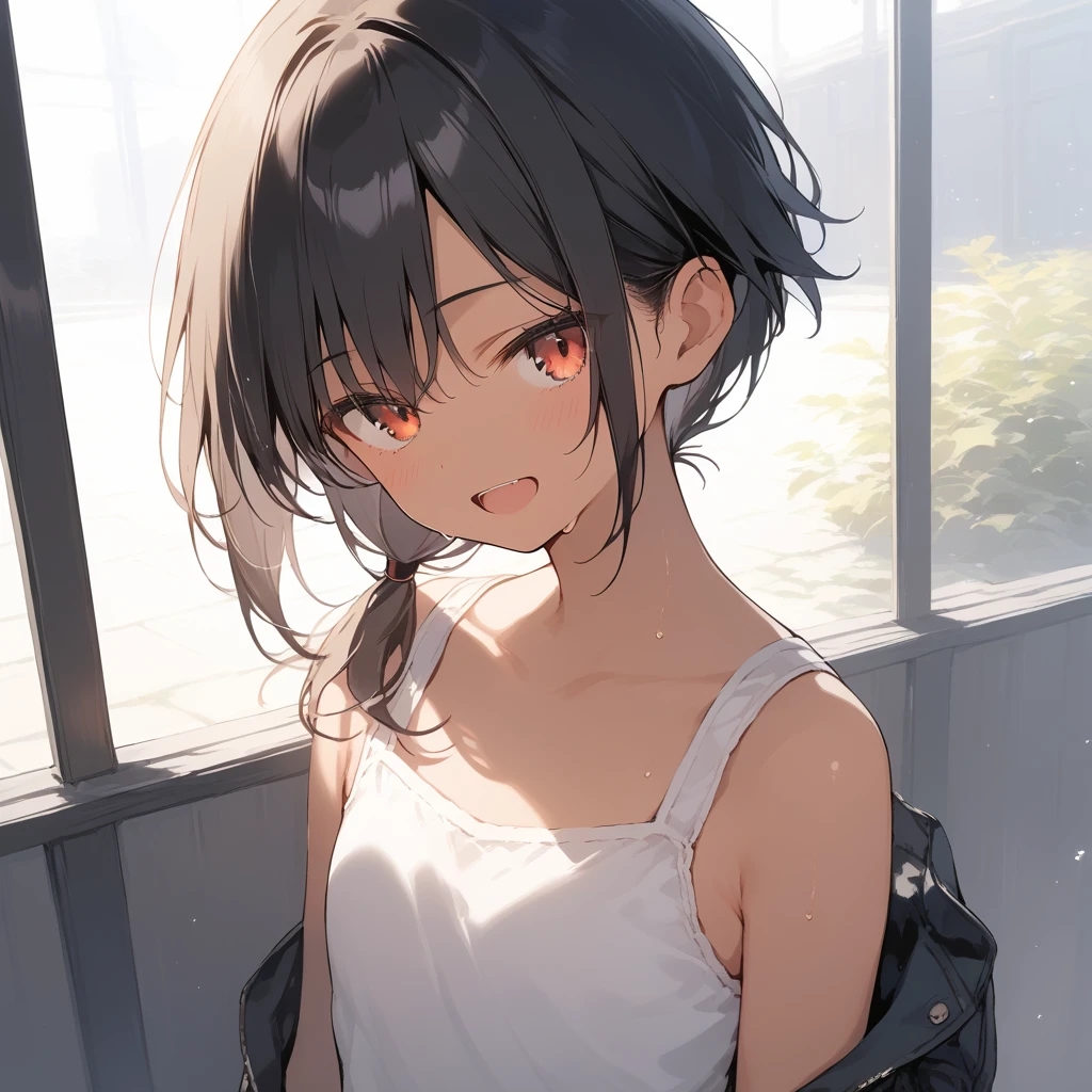 score_9, score_8_up, score_7_up, source_anime, best quality, masterpiece, official art, absurdres, highres, ultra-detailed,waifu2x,Collection: Slice of Life,break,1girl, tomboy, dark-skinned female, short hair, low ponytail, flat chest, beautiful detailed eyes, short shorts, sweat, open mouth, (yawn:0.3), sleepily, outdoors, wind,break,(clear line illustration:1.2), super detailed skin,very high resolution, very aesthetic, Best sexual lighting powered by famous artist, 8k,cute picture,beauty illustration,photoshop_(medium),,(Detailed Lighting),best anime 8k konachan wallpaper, pixiv contest winner,